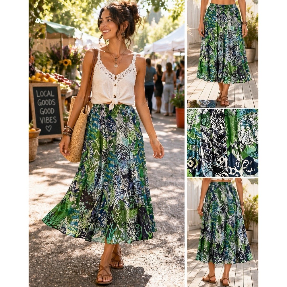 Choices Boho Patchwork Skirt L Green Blue Cotton India Flowy Midi Artsy Flowy